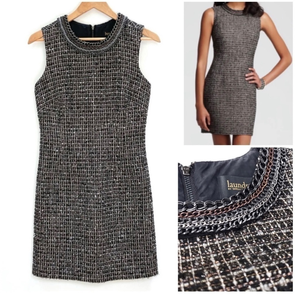 Laundry by Shelli Segal Sz 8 Black Metallic Boucle Tweed Sheath Dress Chain